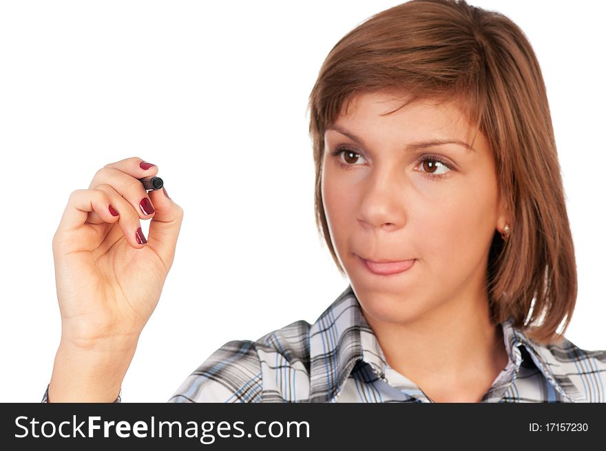 Portrait of a teenage girl with red marker. Focus on marker. Isolated on white background. Portrait of a teenage girl with red marker. Focus on marker. Isolated on white background.