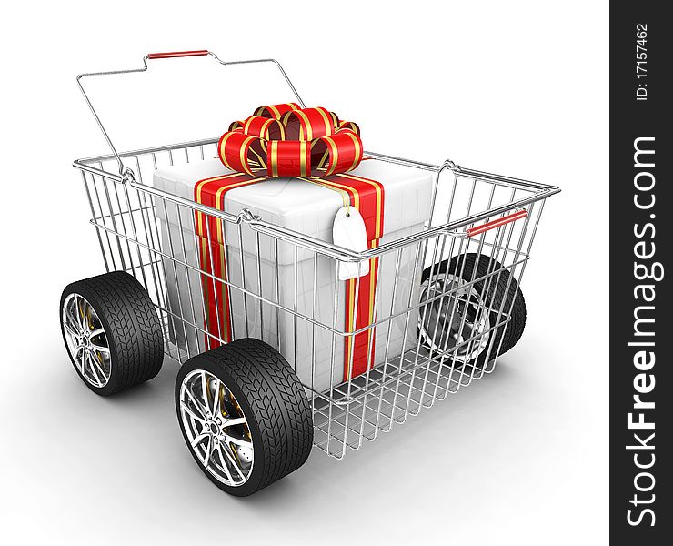 Gift box, shopping basket and wheels on the white background