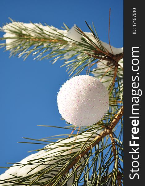 Christmas decorations; coniferous twigs, new year white decoration, close-up, holiday ornament. Christmas decorations; coniferous twigs, new year white decoration, close-up, holiday ornament