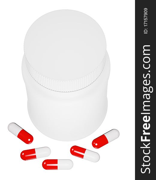 Capsule pills and white plastic bottle on isolated background. Capsule pills and white plastic bottle on isolated background.