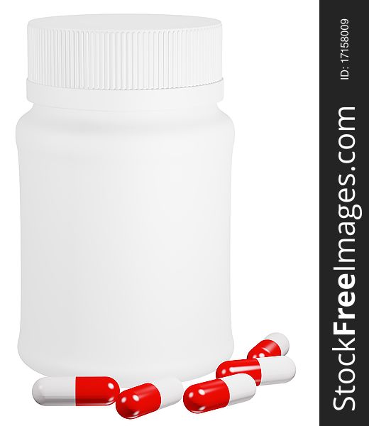 Capsule Pills And White Plastic Bottle.