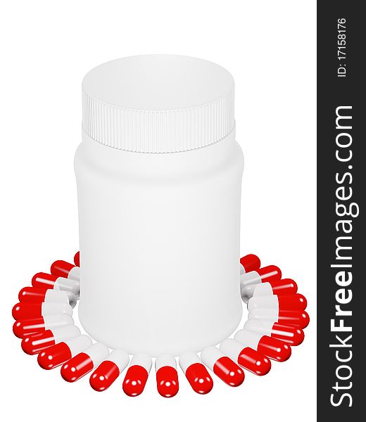 Capsule pills and white plastic bottle on isolated background. Capsule pills and white plastic bottle on isolated background.