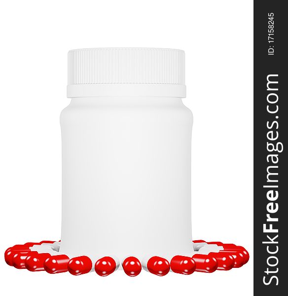 Capsule pills and white plastic bottle on isolated background. Capsule pills and white plastic bottle on isolated background.