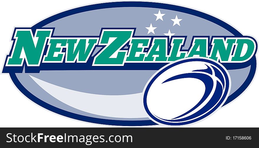 Illustration of a rugby ball flying towards viewer with southern cross stars and new zealand in background. Illustration of a rugby ball flying towards viewer with southern cross stars and new zealand in background