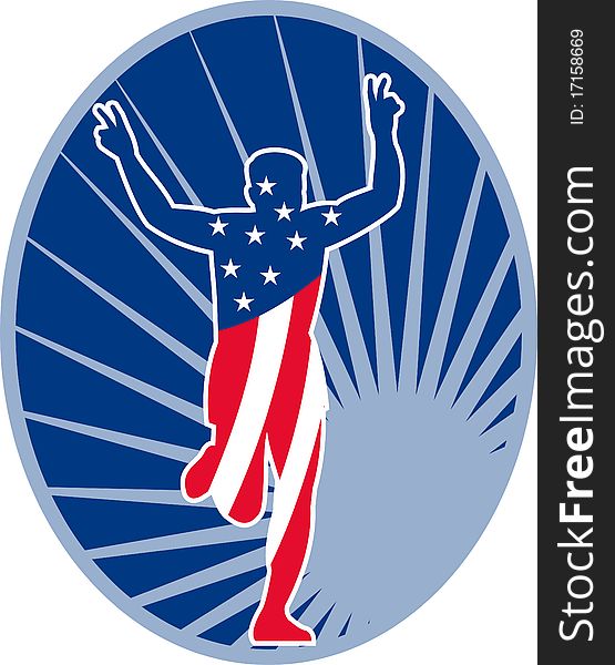 Illustration of a silhouette of American stars and stripes flag Marathon runner flashing victory hand sign done in retro style with sunburst set inside oval. Illustration of a silhouette of American stars and stripes flag Marathon runner flashing victory hand sign done in retro style with sunburst set inside oval