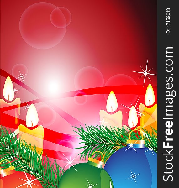 Candles and Christmas-tree decorations on a sparkling red background. Candles and Christmas-tree decorations on a sparkling red background