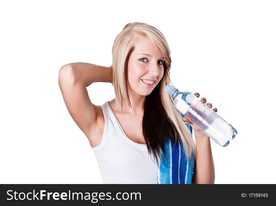 Young sportive woman drinking water - isolated on white. Young sportive woman drinking water - isolated on white