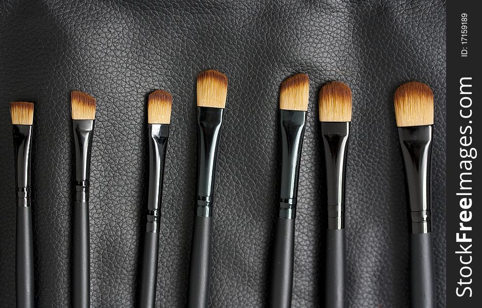 Professional makeup brushes on black leather