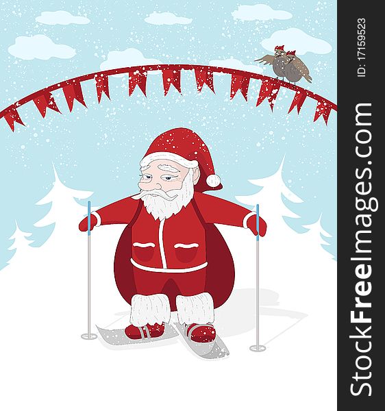 Vector Christmas illustration with Santa, snow and birds