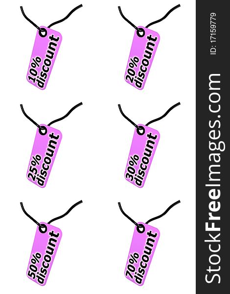 Set of purple discount tags with various percentage on white background. Set of purple discount tags with various percentage on white background.