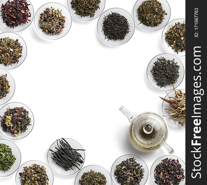 Large assortment of tea on a white background. The view from the top.