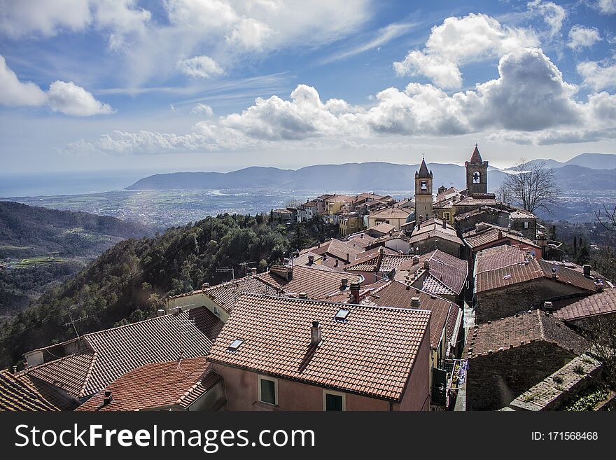 Panoramic view of the country Fosdinovo in Tuscany, Italy.