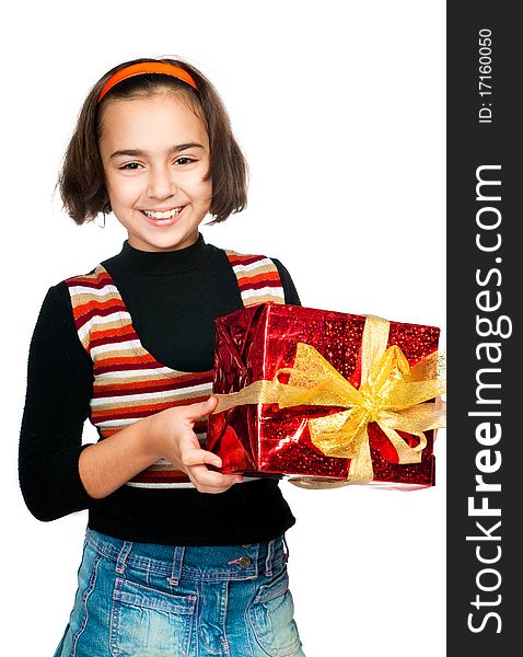 Little girl with a bright gift. Little girl with a bright gift