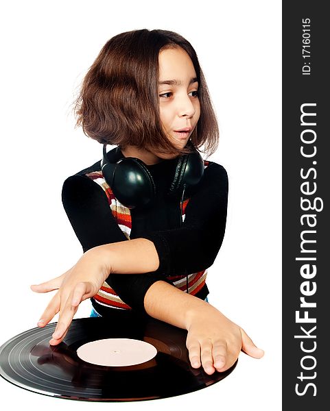 Photo portrait of beautiful preschool child with headphones and plate isolated on white background