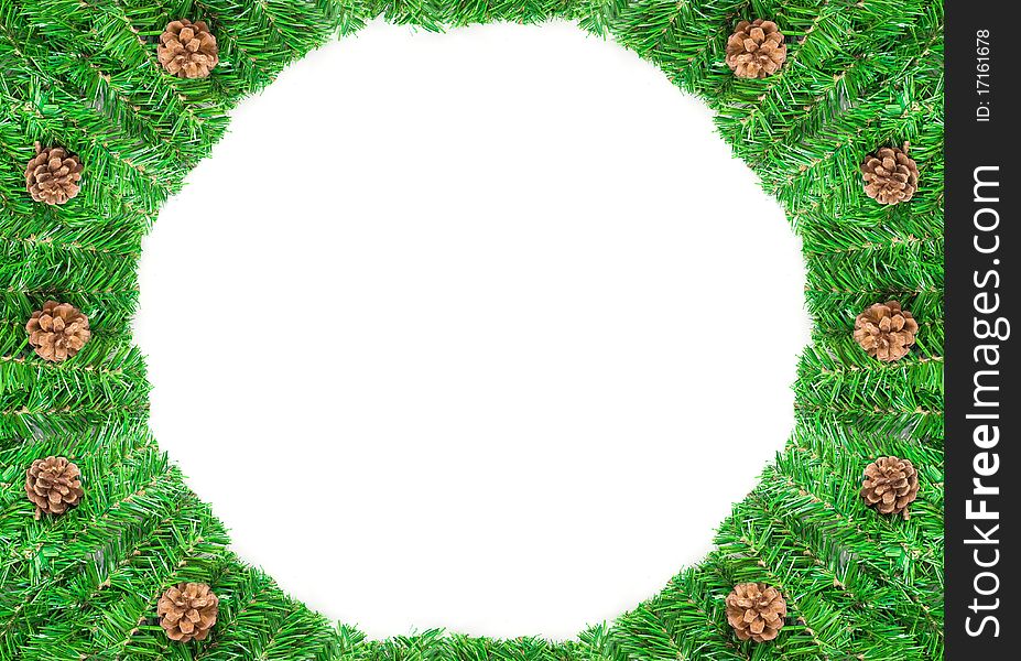 Christmas green frame with cones isolated on white