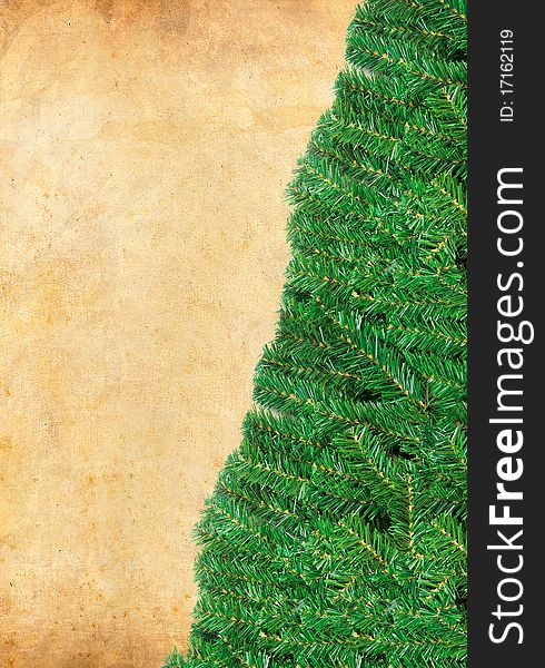 Christmas green framework with Pine needles isolated on paper textures background