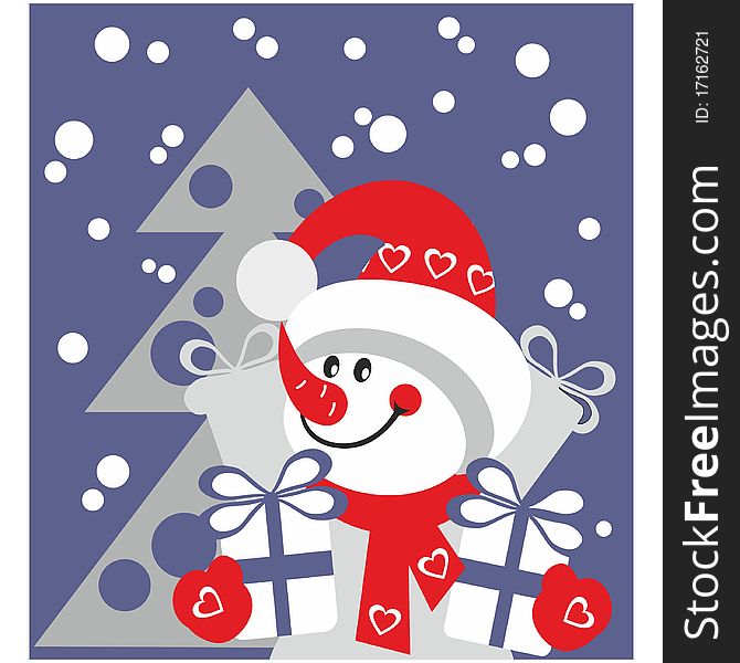 Cartoon Snowman  with gift in color 21. Cartoon Snowman  with gift in color 21