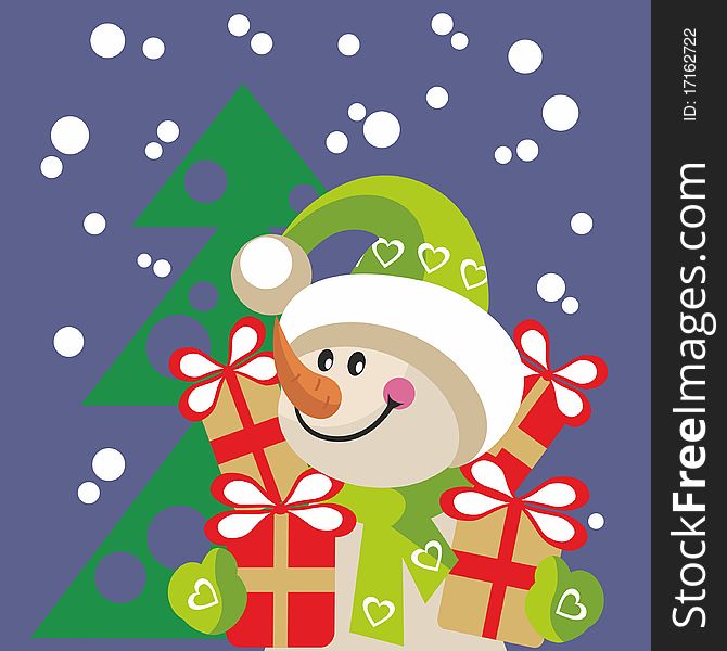 Vector. Snowman with gift in color 20. Vector. Snowman with gift in color 20