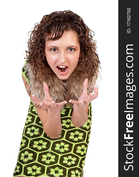 Beautiful young girl shouts and gesticulates hands isolated on a white background. Beautiful young girl shouts and gesticulates hands isolated on a white background