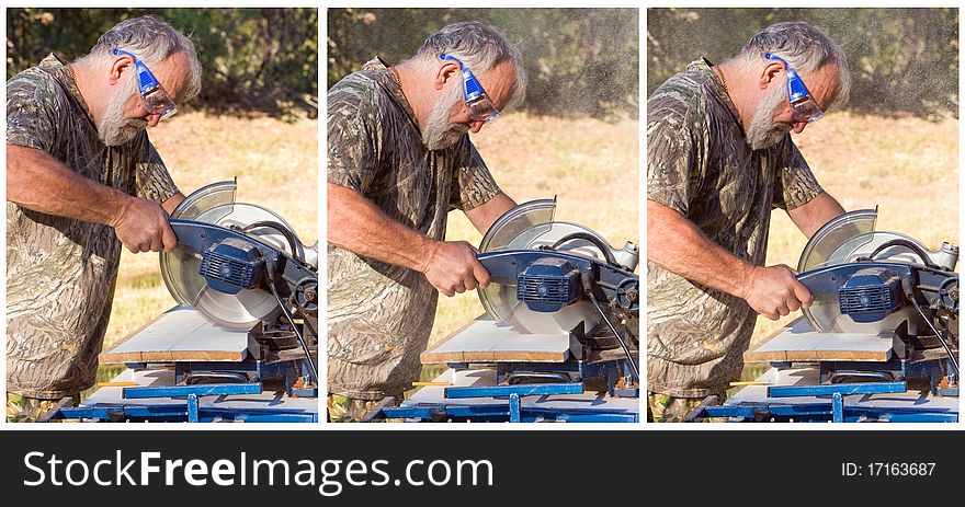 Sequence of a senior man cutting a plank with a chop saw. Sequence of a senior man cutting a plank with a chop saw.