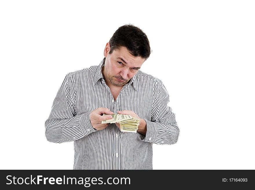 Man counting his dollars having mixed feeling, isolated on white background. Man counting his dollars having mixed feeling, isolated on white background