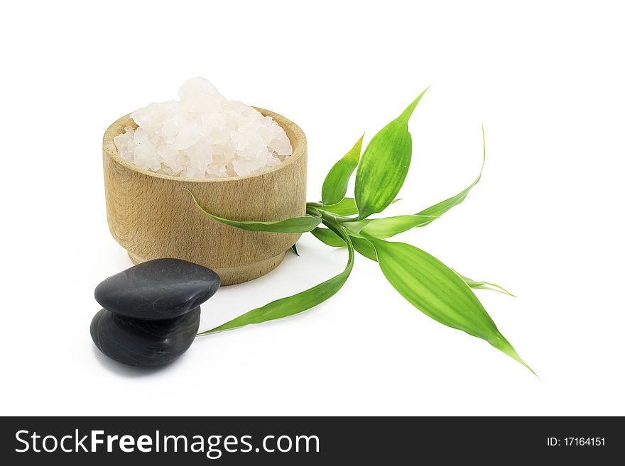 Stones and salt for spa with green bamboo