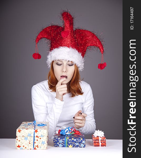 Funny Red-haired Girl In Christmas Cap