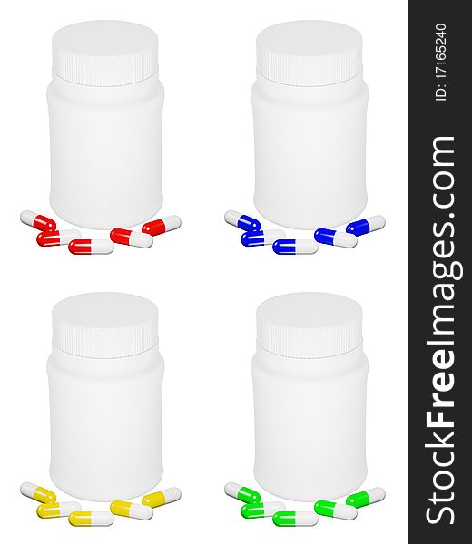 Set of capsule pills with different colors and white plastic bottle on isolated background. Set of capsule pills with different colors and white plastic bottle on isolated background.