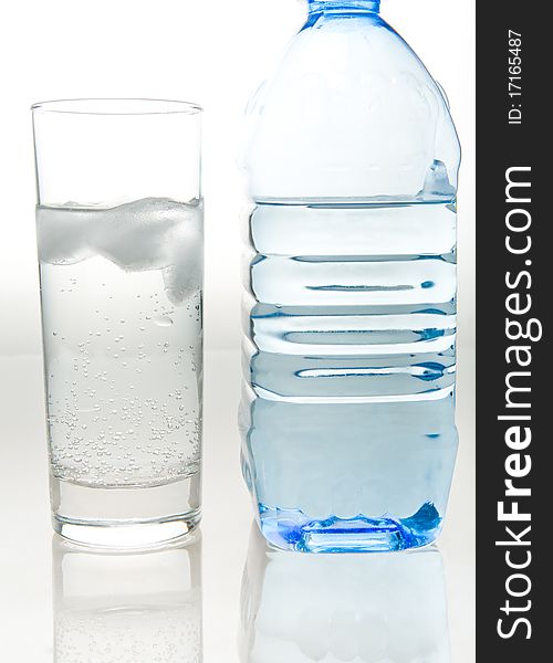 A bottle of fresh mineral water and a glass which is poured the same water on a white background