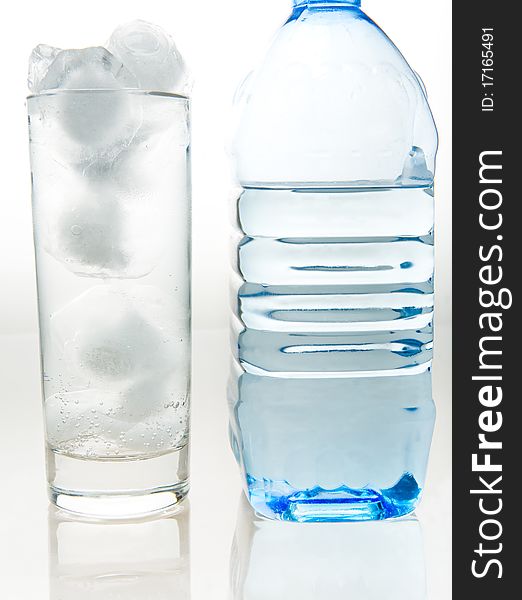 A bottle of fresh mineral water and a glass