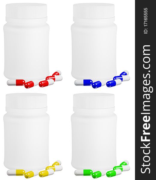 Set Of Capsule Pills And White Plastic Bot