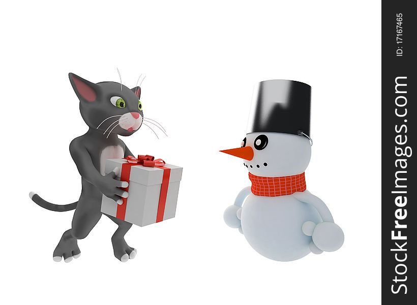 Cat gives a gift to happy snowman