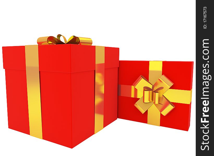 Pair of red gift boxes with gold ribbons