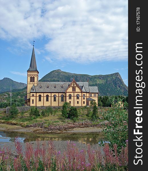 Wooden church in Kabelvag on Lofoten islands in Norway. Wooden church in Kabelvag on Lofoten islands in Norway