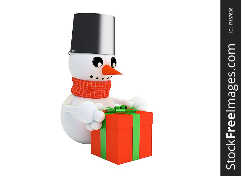 Happy snowman holds a red gift with green ribbon. Happy snowman holds a red gift with green ribbon