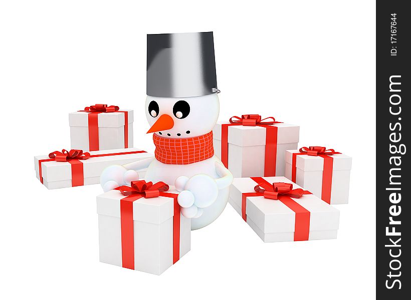 Happy snowman among the pile of gifts isolated on white background