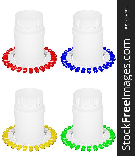 Set of capsule pills with different colors and white plastic bottle on isolated background. Set of capsule pills with different colors and white plastic bottle on isolated background.