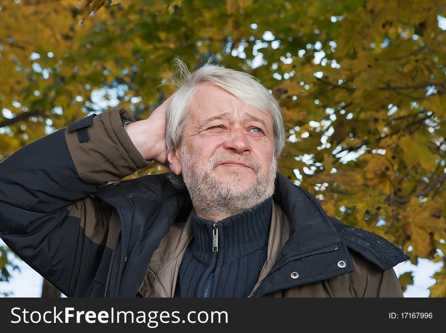 Portrait of mature thoughtful man with grey hair in autumn day. Portrait of mature thoughtful man with grey hair in autumn day.