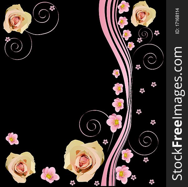 Illustration with pink roses on black background. Illustration with pink roses on black background