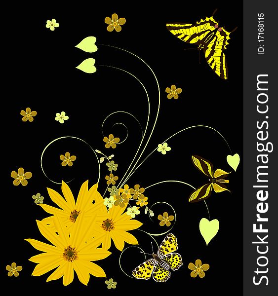 Yellow Flowers And Butterflies On Black