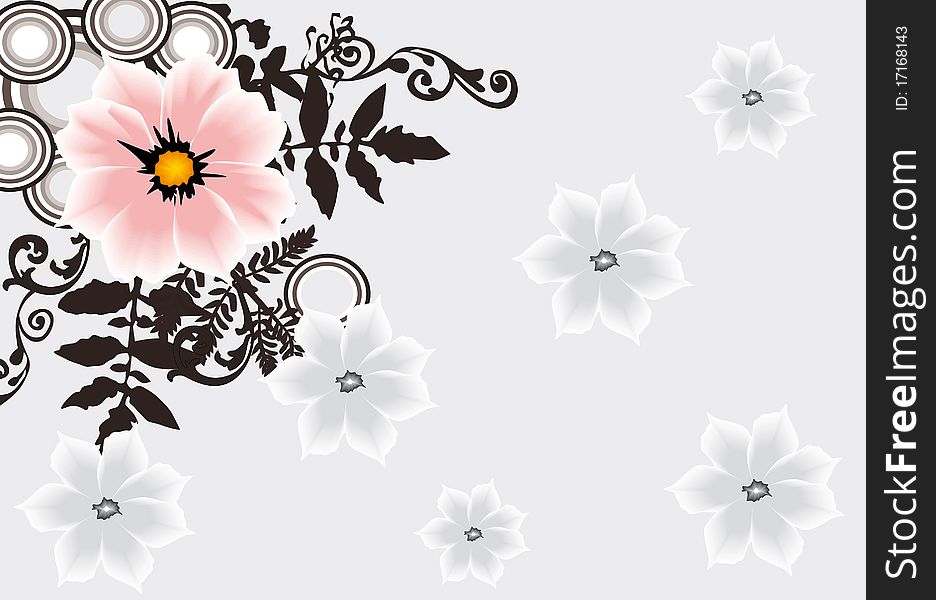 Illustration with pink flower on grey floral background