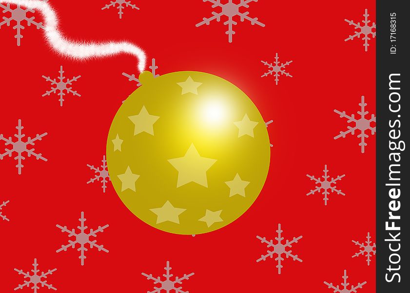 A golden Christmas ball decorated with golden stars on a red snowing background. Digital drawing. Coloured picture.