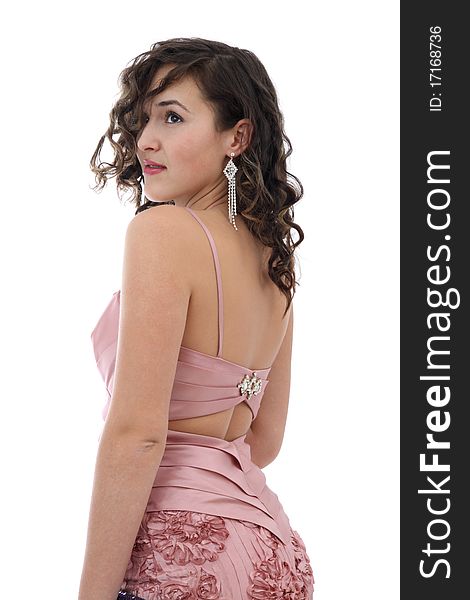 Attractive woman in elegant pink dress