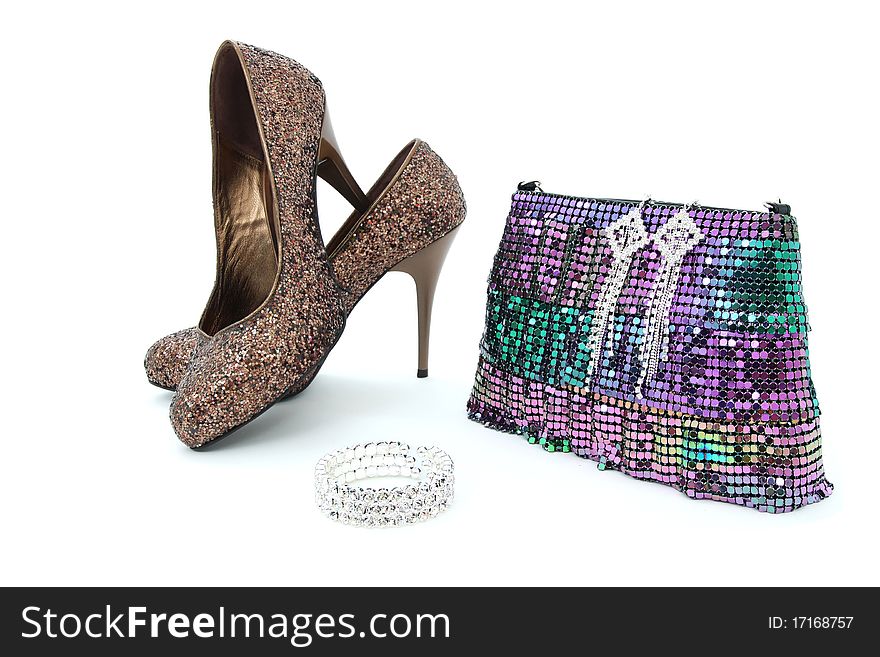 Shiny shoes, bracelet, earings and bag