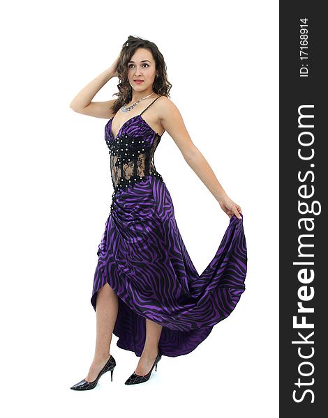 Attractive Young Woman In Elegant Purple Dress