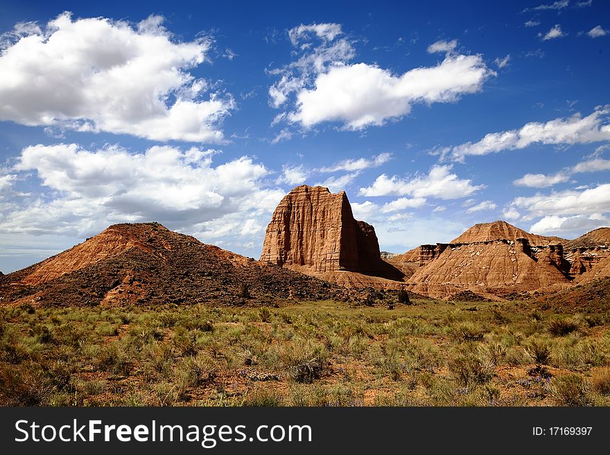 View of the red rock formations in Capitol Reef National Park with blue sky�s and clouds