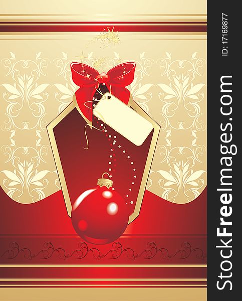 Christmas red ball with bow. Background for wrapping. Illustration. Christmas red ball with bow. Background for wrapping. Illustration