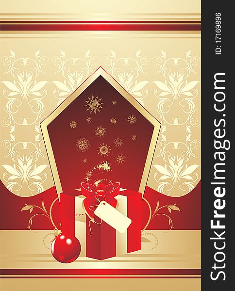 Decorative red box with bow and Christmas ball. Wrapping. Illustration. Decorative red box with bow and Christmas ball. Wrapping. Illustration