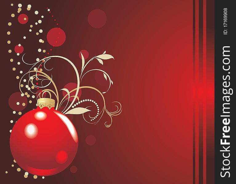 Red ball with Christmas tinsel. Holiday card