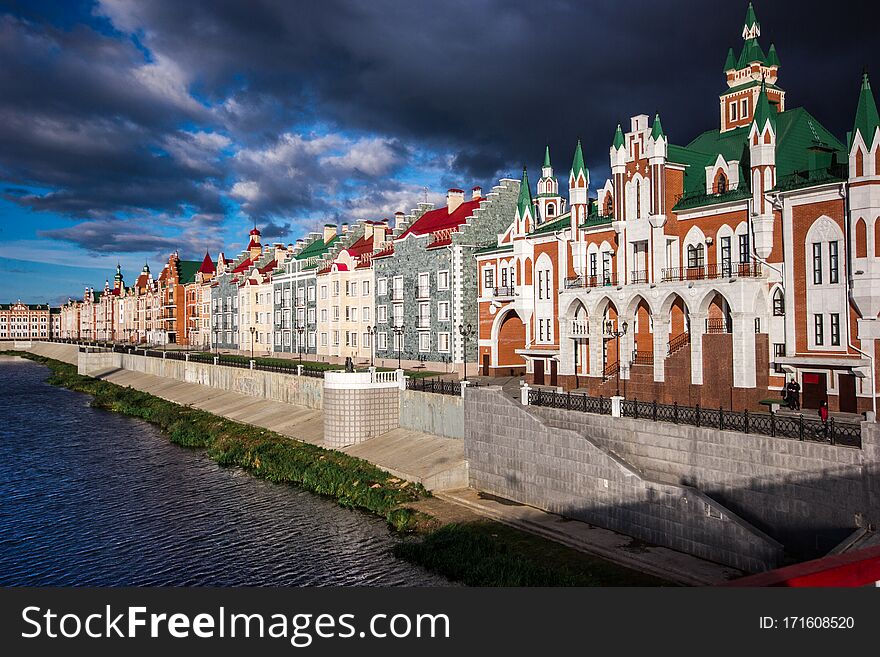Embankment of kokshaga river. Small Brugge in Russia. Yoshkar-ola in cloudy weather